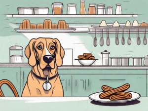 A curious dog looking at a plate of churros with a questioning expression