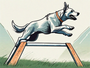 An energetic dog mid-jump over an a-frame obstacle in a grassy outdoor agility course