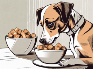 A curious dog sniffing a bowl of croutons on a table