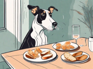 A curious dog sitting by a table with a few pieces of crostini on a plate