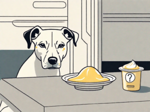 A curious dog looking at a bowl of custard placed on a low table