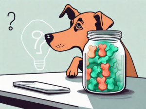 A curious dog looking at a jar of delta 8 gummies placed on a table