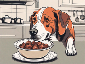 A curious dog looking at a bowl of dinty moore beef stew