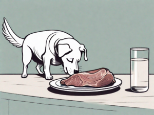 A curious dog looking at a piece of dove meat on a plate