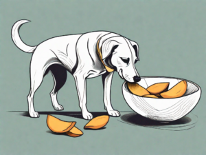 A playful dog curiously sniffing at a few dried mango slices placed on a bowl