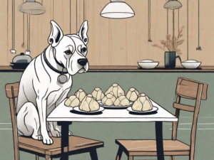 A curious dog sitting at a table with a plate of dumplings in front of him