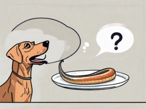 A curious dog looking at a plate with a cooked eel on it