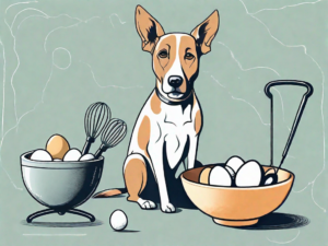 A curious dog sitting in front of a bowl filled with egg beaters