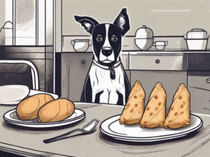 A curious dog sitting next to a table with an egg roll on a plate