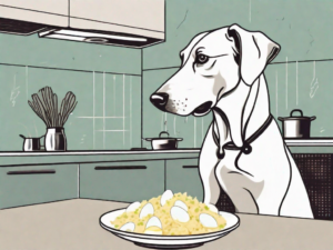 A curious dog sitting next to a bowl of egg salad