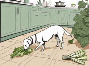 A curious dog sniffing at a bunch of fresh endive leaves on a kitchen floor