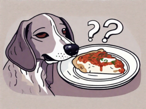 A curious dog sniffing a plate of eggplant parmesan