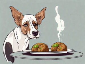 A curious dog sniffing a plate of falafel with a questioning look in its eyes