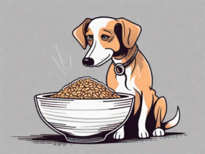 A curious dog sitting next to a bowl of farro