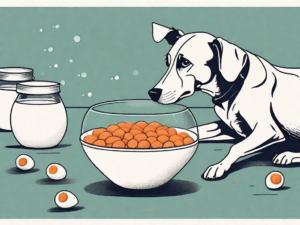 A curious dog looking at a bowl filled with fish eggs