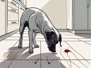 A curious dog sniffing a beef knee cap on a clean kitchen floor