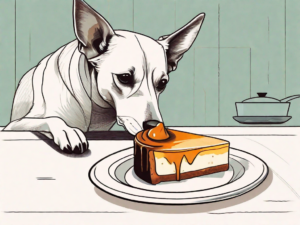 A curious dog sitting next to a plate with a piece of flan on it