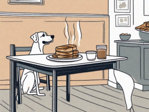 A dog sitting at a table with a plate of french toast in front of it