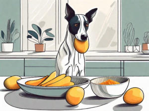 A curious dog sniffing a piece of freeze-dried mango on a pet-friendly dish