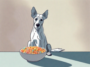 A curious dog sitting in front of a bowl filled with froot loops cereal