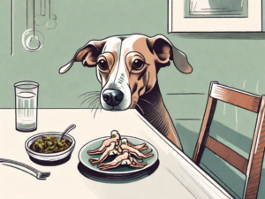 A curious dog looking at a plate of cooked frog legs on a table