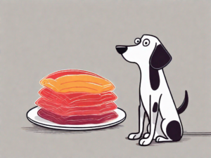 A curious dog looking at a fruit roll-up placed on a plate