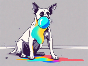 A curious dog sniffing at a colorful gel blaster ball on the floor