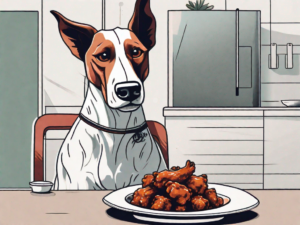 A curious dog sitting in front of a plate of general tso chicken