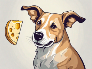 A happy dog sitting next to a piece of gouda cheese