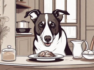 A curious dog sitting in front of a plate with a small piece of cooked goose on it