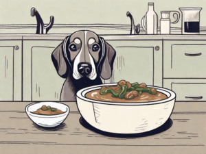 A curious dog sitting next to a bowl of gumbo