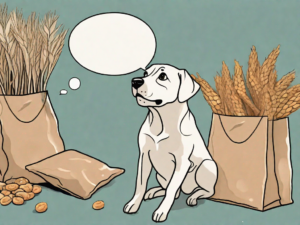 A curious dog sitting next to a bag of harvest snaps