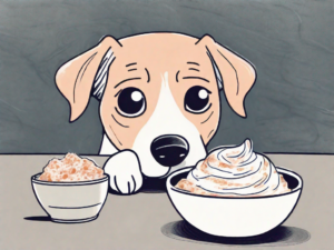 A curious dog looking at a bowl of frosties