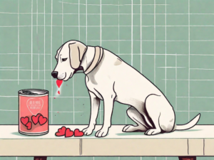 A curious dog sniffing a can of hearts of palm placed on a table