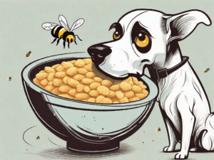 A curious dog sitting in front of a bowl filled with honey bunches of oats cereal