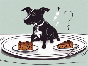 A curious dog sitting next to a piece of fruit cake on a plate