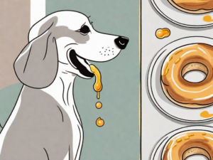 A curious dog sniffing a honey bun on a plate