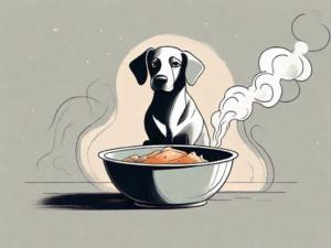 A dog sitting in front of a bowl of steaming food