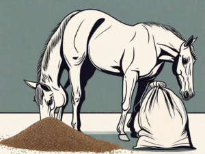 A curious dog sniffing a bag of horse feed with a horse eating in the background