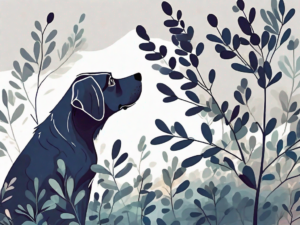 A dog curiously sniffing at a bush full of ripe huckleberries