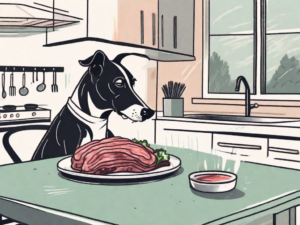 A curious dog sniffing a plate of impossible meat