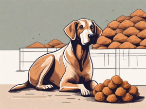 A curious dog sitting next to a pile of jaggery