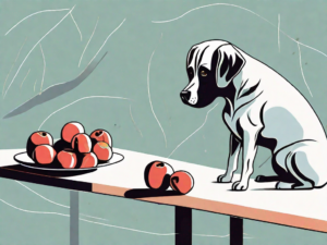 A curious dog looking at a jujube fruit on a table