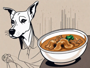 A curious dog sitting next to a bowl of kare kare