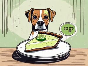 A curious dog looking at a slice of key lime pie on a table