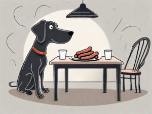 A curious dog looking at a plate of kielbasa sausage on a table