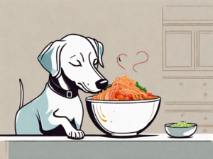 A curious dog sniffing a bowl of colorful kimchi