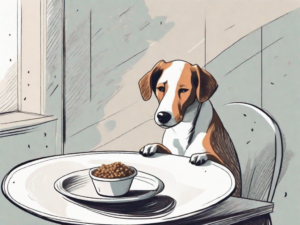 A curious dog sitting next to a plate of kikiam