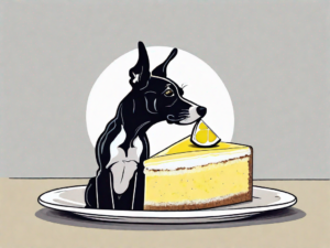 A curious dog sniffing a slice of lemon cake on a plate