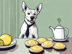 A curious dog sniffing a plate of lemon cookies on a table